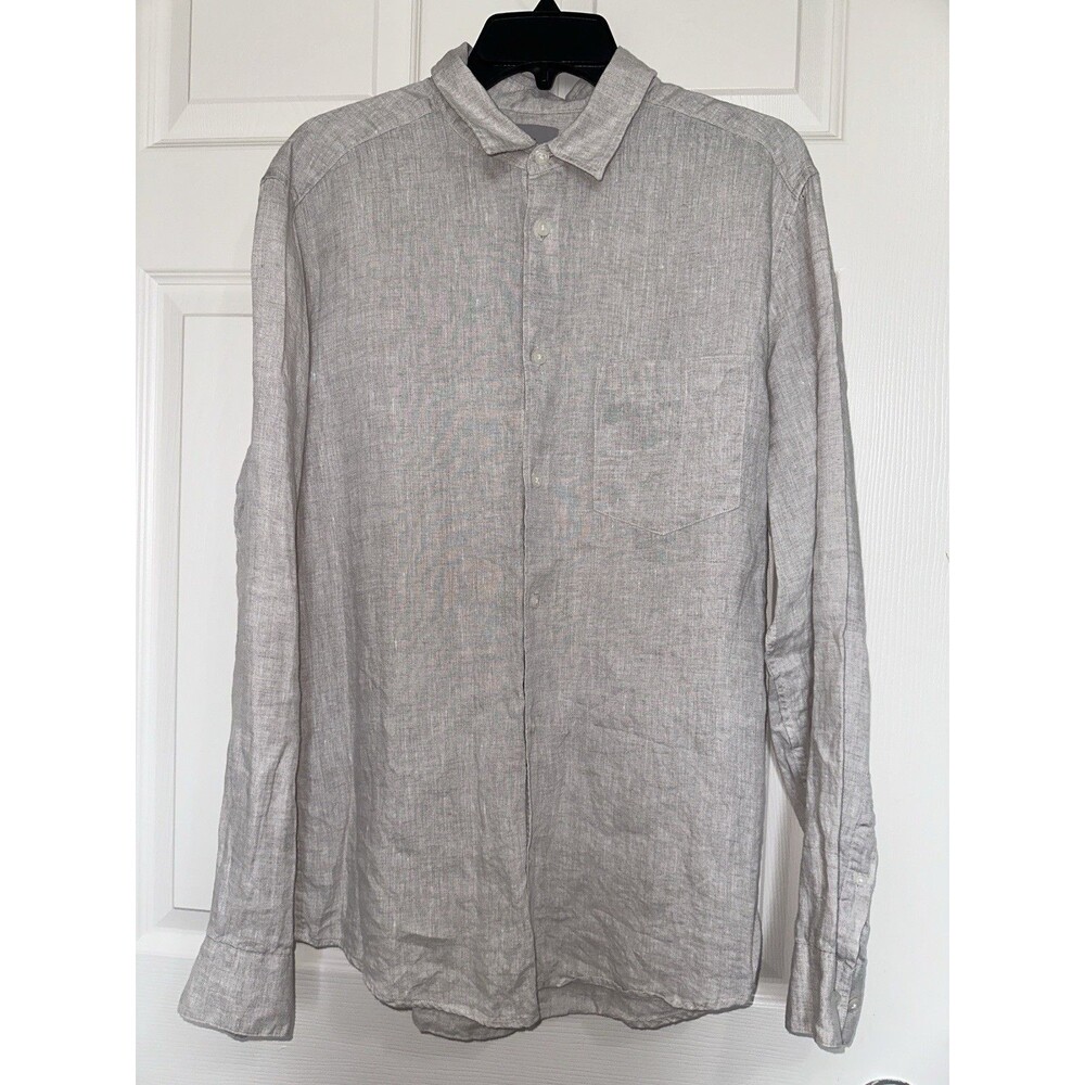 H&M Mens Linen Button-Up Shirt Long Sleeve Pockets Gray Regular Fit M
